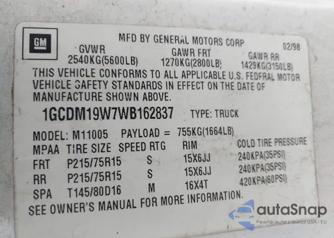 1998 Chevrolet Astro z USA, uszkodzony, nr VIN 1GCDM19W7WB162837